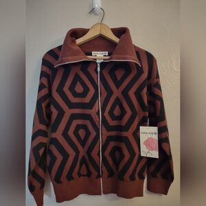 Cherie Collette Vintage-Inspired Geometric Knit Zip-Up Jacket Size Medium